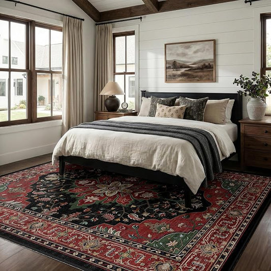 RELEANY Area Rugs Large 9'x12' Washable Non-Slip, Floral Vintage Distress Medallion Carpet for Living Room Bedroom Dining Room, Red Black