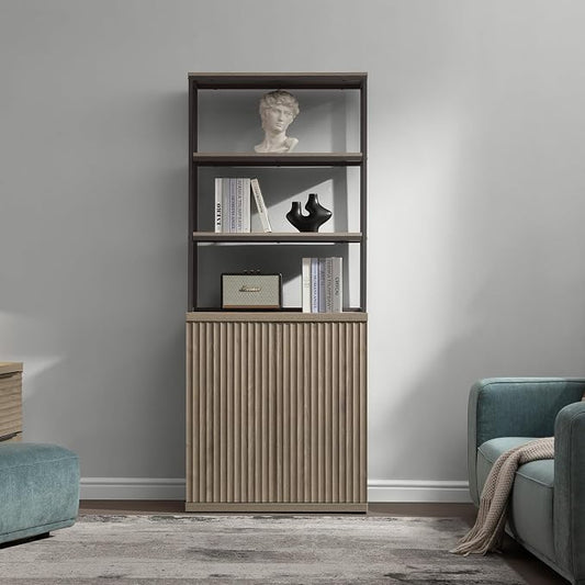 SICOTAS Book Shelf Fluted Bookshelf Cabinet - 75" Tall Bookcase 6 Tier Large Bookshelves with Doors Storage Modern Wide Book Shelves Case for Living Room Home Office Library, Metal Frame, Grey