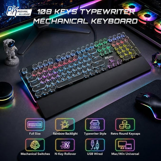 RK ROYAL KLUDGE S108 Typewriter Mechanical Keyboard, Wired Gaming Keyboard with Number Pad, Full Size Retro Keyboards w/Detachable Wrist Rest for Mac/Win/PC, Clicky Blue Switch, Rainbow Backlit Black