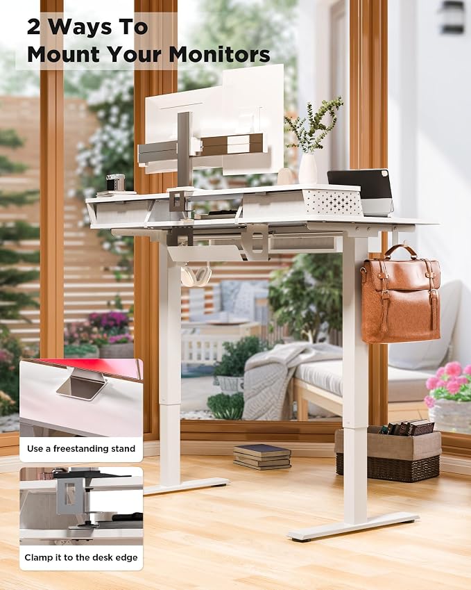 FiCiHi Electric Standing Desk with Four Drawers, 55 x 24 Inch Adjustable Height Sit Stand Desk, C-Clamp Compatible Home Office Desk with Storage Shelf & Monitor Stand Riser, White