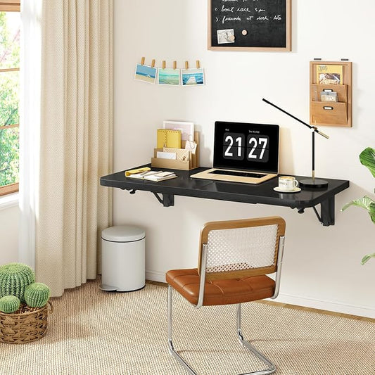 IBUYKE Wall Mounted Folding Table, Floating Wall Desk for Small Spaces, Fold Down Laundry Shelf with Heavy-Duty Brackets, Wall Table for Home Office/Bar/Kitchen/Dining Black UTVT005B