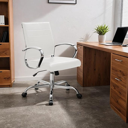 LeisureMod Benmar Leather Office Desk Chair, Mid-Back Ergonomic Swivel Chair with Lumbar Support, Adjustable Height, Tilt Lock, Cushioned Seat & Back, Home Office Task Chair (White, Set of 4)
