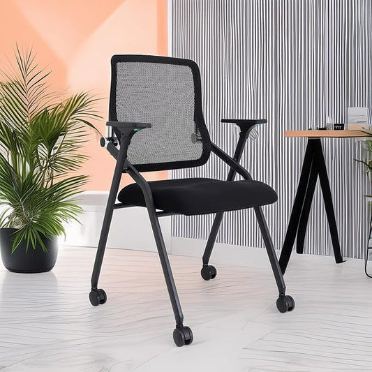 Updated Conference Room Chairs, Folding Office Desk Chair with Lumbar Support and Sliding Armrest with Casters, Stackable Office Guest Chairs & Reception Chairs, 6 Pack Black