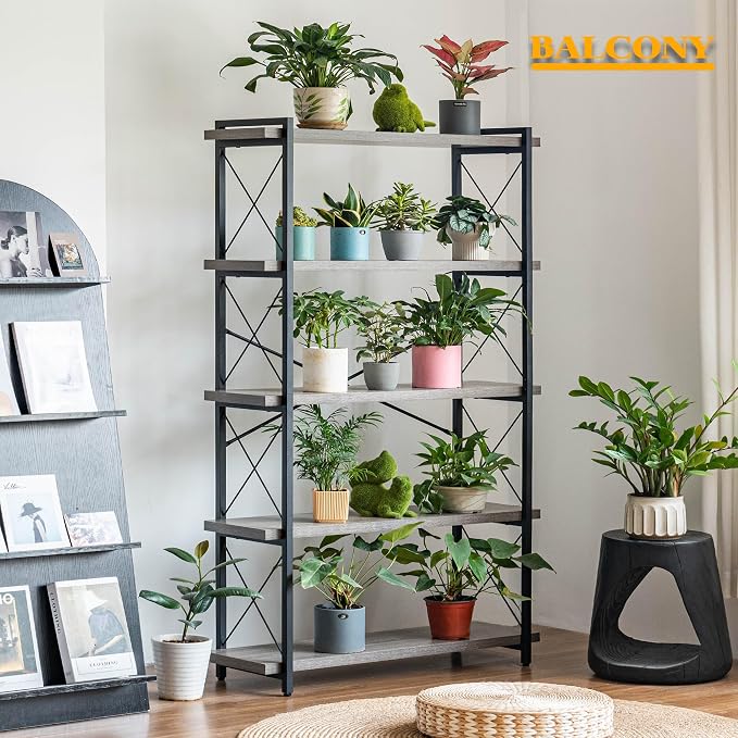 HCHQHS Bookshelf, 5-Tier Industrial Bookcase, Rustic Open Book Shelf, Freestanding Tall Bookshelves with Metal Frame