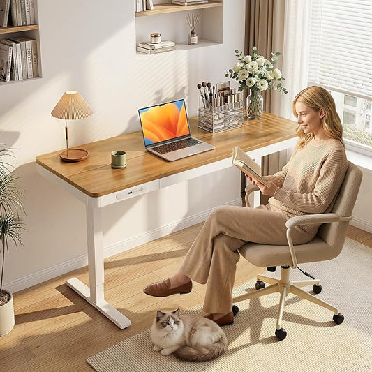OffiGo 55 Inch Electric Standing Desk, Height Adjustable Table with Storage, Sit Stand Desk with Charging Station for Home Office, Computer Workstation, Maple+White