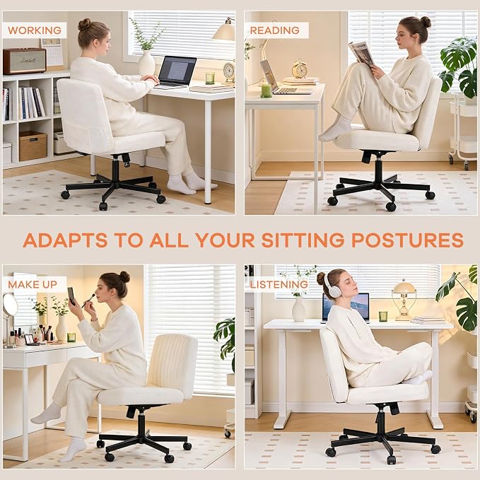 Convertible Base Criss Cross Office Chair with Pocket Springs & Thicker and Wider Cushions, Armless Criss Cross Chair Relieves Back Pain, Swivel Vanity Chair for Living Room/Office, White
