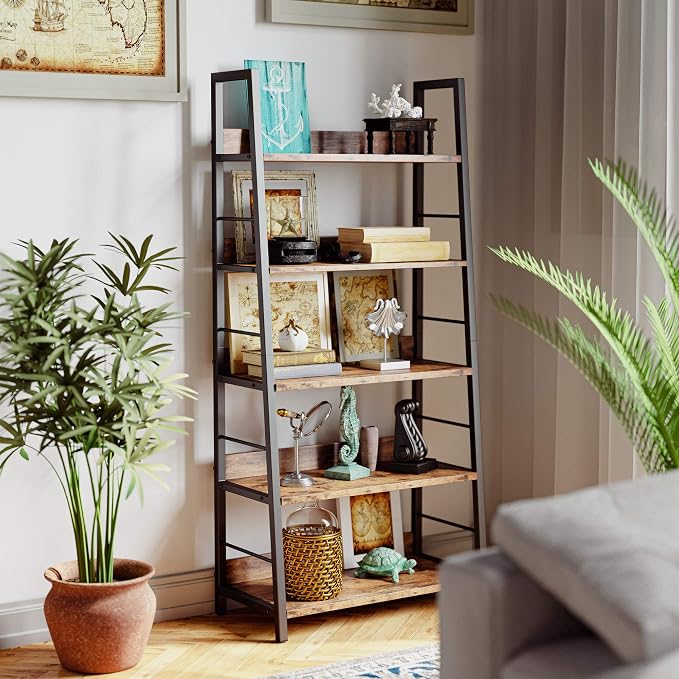 IRONCK 5 Tier Ladder Bookcase with Metal Frame Rustic Brown | Bookshelves and Bookcases,open display shelves; metal frame; shelf baffles; home office