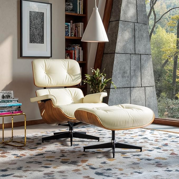 Mid Century Lounge Chair with Ottoman,Top Ivory Grain Leather Accent Chair,Chaise Lounge Chair Indoor,Modern Chair Classic Design,Heavy Duty Base Support for Living Room Office Upgraded,Walnut Ivory