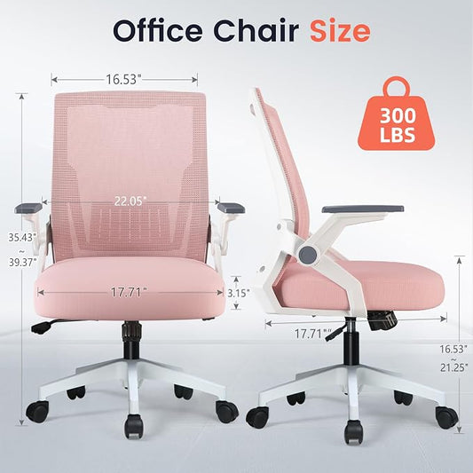 GTPLAYER Ergonomic Office Chair with Flip-up Armrests Executive Computer Chair for Home Office, Breathable Mesh & Comfy Lumbar Support, Pink