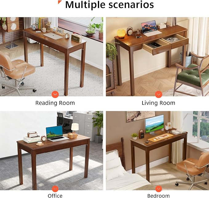 Solid Wood Desk with Drawers - 39" Narrow Desks, Small Wooden Writing Desk for Bedroom, Mid Century Modern Vintage Computer Desks, Study Table for Home Office, Walnut