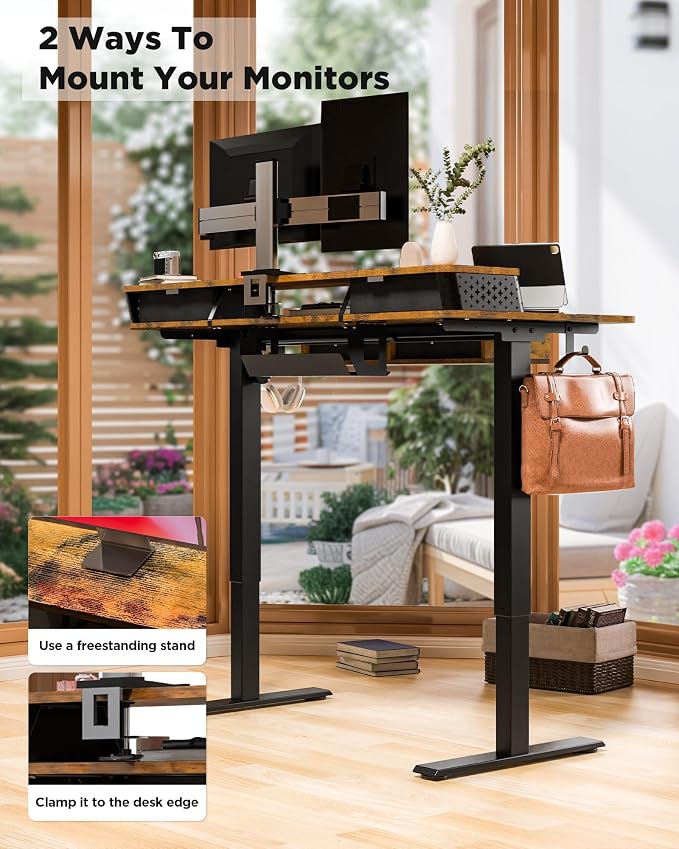 FiCiHi Electric Standing Desk with Four Drawers, 48 x 24 Inch Adjustable Height Sit Stand Desk, C-Clamp Compatible Home Office Desk with Storage Shelf & Monitor Stand Riser, Rustic Brown