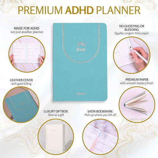 ADHD Daily Planner for Neurodivergent Adults – Premium Leather Productivity & Task Management Planner with Guided Focus Pages, 170gsm Paper, Gold Foiling & Gift Box – Undated | A5 (Teal)