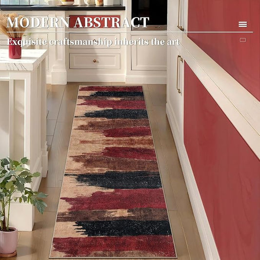 Ciicool 2x6 Washable Runner Rug, Modern Abstract Hallway Rugs Runner, Non-Slip Thin Accent Rug Lightweight Red Black Print Distressed Carpet for Laundry Entryway Bedroom Kitchen Indoor