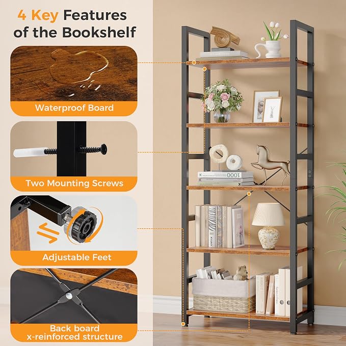 DUMOS 5-Tier Bookshelf, Modern Tall Bookcase, Open Storage Display Shelf for Living Room, Bedroom, Home Office, Narrow Standing Shelving Unit for Books, CDs, Décor,Rustic Brown