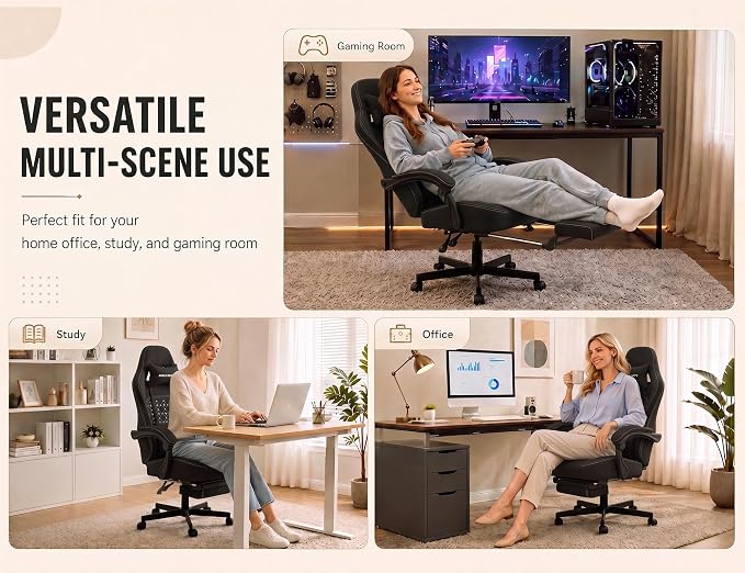 Office Desk Computer Gaming Chair for Adults, Ergonomic High Back Gamer Chair with Massage and Pocket Spring Cushion, Swivel Comfy Video Game Chairs with Footrest and Lumbar Support (Pro Black)