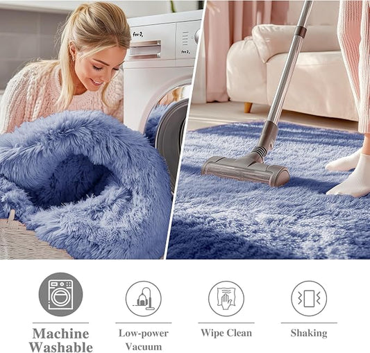 OLANLY Denim Blue Round Rugs for Bedroom - Machine Washable, 2 ft Circle Area Rugs for Living Room, Soft and Fluffy Shaggy Carpet for Teen Girl and Boys, Nursery Rooms, Dorms, Home Decor Aesthetic