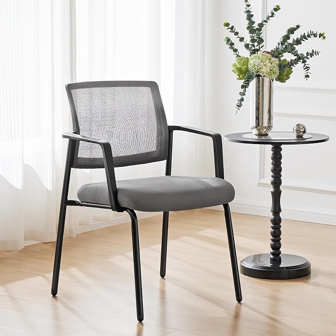 Mesh Back Stacking Arm Chairs, Office Reception Guest Chair with Upholstered Fabric Seat and Ergonomic Lumber Support, Sturdy Metal Office Chairs, Grey-4pack