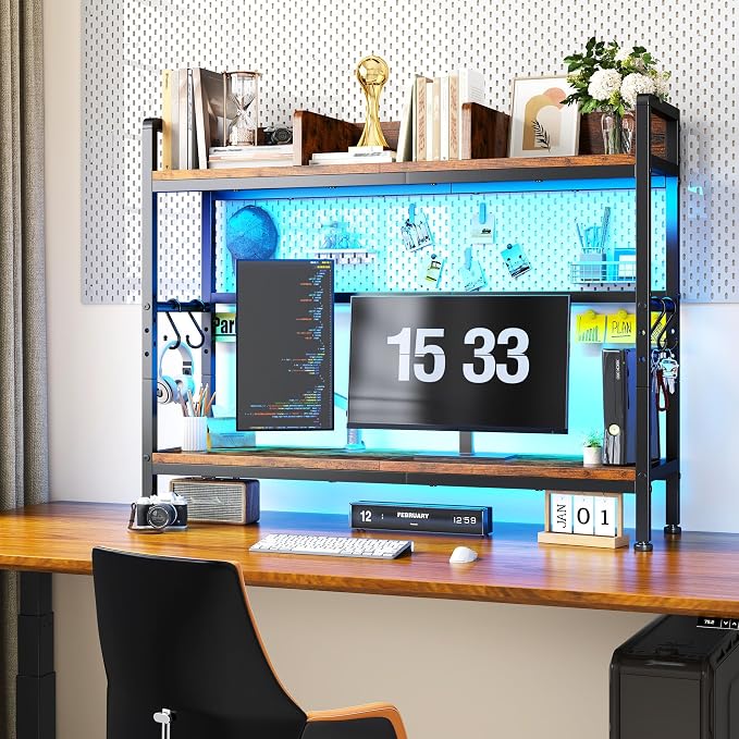 REIBII 35.5" Desk Shelf with LED Lights and Hooks,2-Tier Adjustable Multipurpose Solid Wood Desk Hutch Dorm,Desktop Organizer Rack with 3 Display Rack for Dorm,Office Home,Rustic Brown