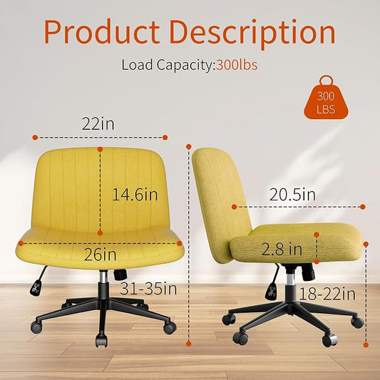 Criss Cross Chair with Wheels, Cross Legged Office Chair, Armless Office Chairs Adjustable Height Swivel Tilting Fabric Vanity Chairs for Home Bedroom (Yellow)