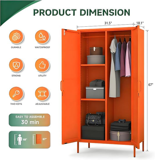 Metal Storage Wardrobe Cabinet with Lock, 67" Armoire Storage Cabinets Locker with Shelves and Hanging Rod, Steel Freestanding Metal Locker for Home Bedroom Orange 67" H X 31.5" W X 18.1" D