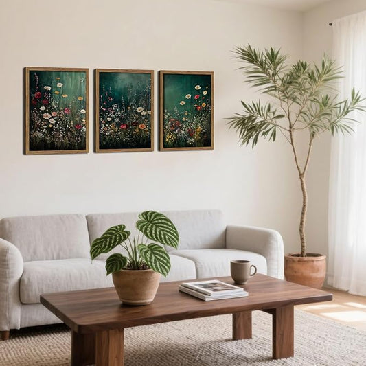 Vintage Wildflower Wall Art Set of 3, Moody Dark Green Flower Botanical Wall Decor Paintings,Nature Floral Farmhouse Landscape Posters Prints Pictures for Living Room Bedroom 16x24 Inch Wood Framed