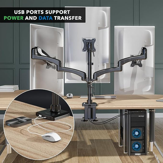 Mount-It! Triple Monitor Mount, 3 Monitor Desk Mount with Gas Spring Arms, Fits 13–32 Inch Screens up to 17.6 lbs per Arm, VESA 75 & 100, Clamp or Grommet Base, USB-A & C Ports, Black