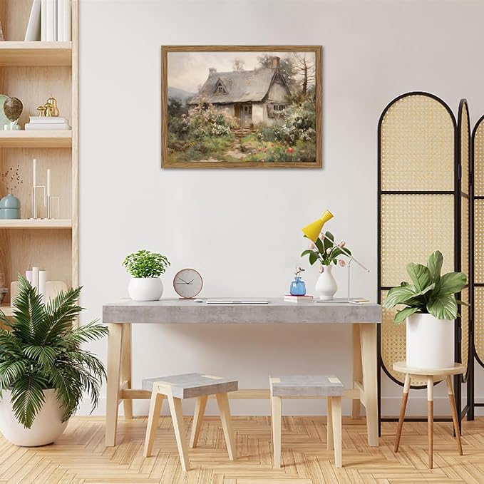 Framed Farmhouse Wall Decor, Country Cottage Pictures Wall Art, Pastoral Nature Landscape Canvas Print, Vintage Farm House Oil Painting Artwork for Bedroom Living Room – 12x16 inch
