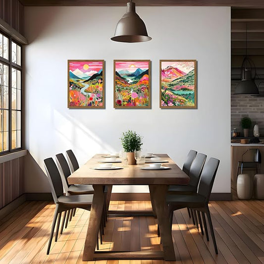 Boho Colorful Mountain Wall Art Set of 3, Abstract Watercolor Landscape Flower Wall Decor Paintings, Modern Nature Sunset Forest Posters Prints for Living Room, Bedroom 16x24 Inch Wood Framed