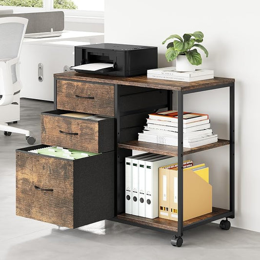 VINGLI 3 Drawer File Cabinet with Wheels Under Desk Printer Stand, Rolling File Cabinet with Shelves Adjustable, Mobile Lateral Filing Cabinet for Home Office, Fits Letter Size, Rustic Brown