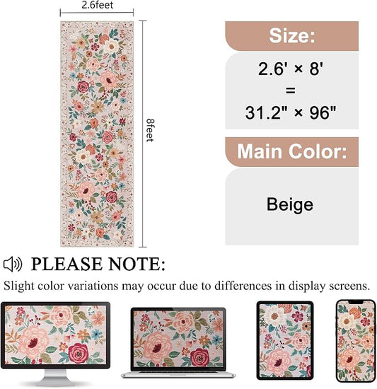 DUKINO Runner Rug, 2.6x8 Kitchen Runner Rug for Hallway with Non Slip Backing, Washable Low Pile Soft Boho Floral Carpet for Hallway, Kitchen, Entryway, Laundry, Bedroom, Beige