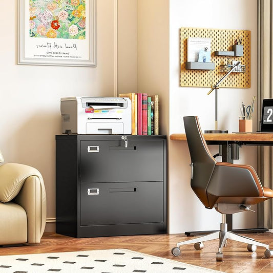 Metal Lateral 2 Drawer File Cabinet with Lock, Wide Filing Cabinet for Letter/Legal/F4/A4 Hanging Files, Storage Cabinet for Home Office School, Black