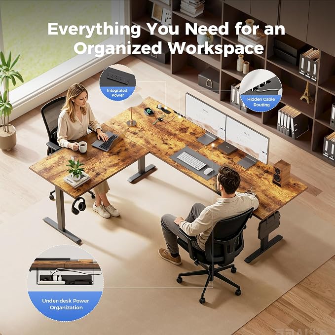 Agilestic Electric L Shaped Standing Desk 63 x 55 Inch with Power Outlet, Height Adjustable Corner Stand up Desk with Cable Management,Sit Stand Home Office Workstation with Splice Board, Rustic Brown