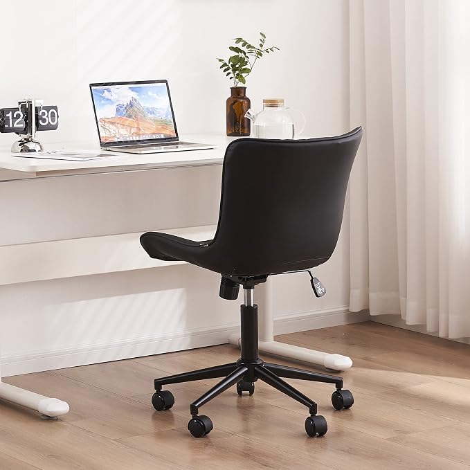 YOUTASTE Black Modern Office Chair, Armless Swivel PU Leather Desk Chair with Wheels, Height Adjustable Rolling Computer Chair with Metal Legs for Bedroom, Home Office, Study, or Vanity
