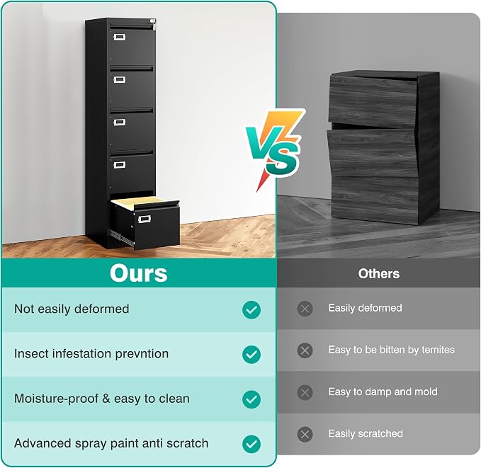 SISESOL 5 Drawer File Cabinet with Lock,Black Narrow Vertical File Cabinet Five Drawer,Tall Office Filing Cabinets,Metal Filing Cabinets for Home Office,Fit A4,Legal,Letter Size,-Assembly Required