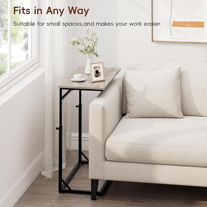 Vagusicc C Shaped End Table, 33.5"Tall Side Table for Couch, C-Table Sofa Table Adjustable Height Side Table, Large Surface Slide Under Couch Table, Coffee Table TV Tray for Living Room, Bedroom, Grey