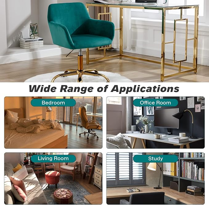 KCC Velvet Office Desk Chair, Comfy Swivel Modern Leisure Armchair with Wheels, Upholstered Comfy Velvet Fabric Makeup Chair Height Adjustable for Teens Women Girls Elegant Home Office, Green