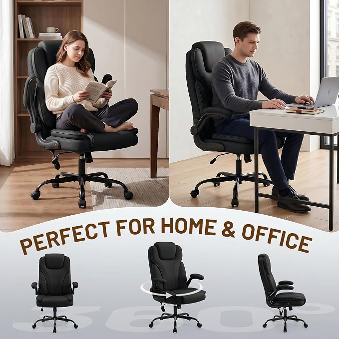 Ergonomic Office Chair, PU Leather High Back Executive Chair with Adjustable Inflatable Lumbar Support and Padded Flip-Up Arms, Recline Swivel Task Computer Chair for Home Office, Black