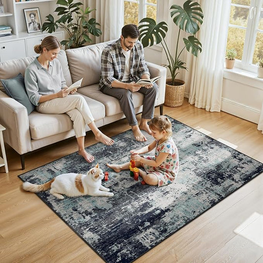 RELEANY Washable Area Rugs 4'x6' Non-Slip Modern Abstract Soft for Living Room Entryway Bedroom Kitchen, Print Pattern, Blue Black Teal