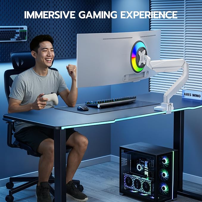 ARES WING Ultrawide Monitor Arm, Heavy Duty Single Monitor Mount for 13"-49" Curved Screens, Adjustable Stand for Desk with C-clamp & Grommet Base up to 40 LBS, White