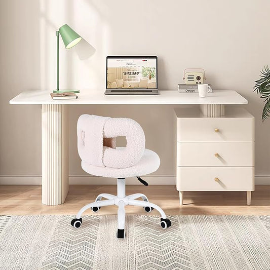 Modern Faux Cashmere Home Office Chair, Height Adjustable Desk Chair with Back and Wheels for Living Room, Swivel Make-up Vanity Armless Chairs for Girls and Women (1, Cream)