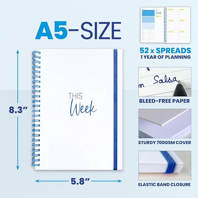 Weekly Planner Spiral Bound Notebook A5 - Undated Planner - To Do List Notebook - Habit Tracker - 52 Weeks - Daily Planner Undated for Home Work Office Business - Goal Planner - Cute Planner - Blue