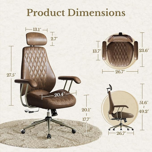 High Back Office Chair with Lumbar Support - Ergonomic Executive Desk Chair, Adjustable Swivel Computer Chair in Premium Faux Leather for Home Office Comfort, Brown