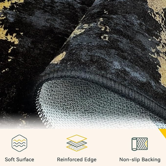 RELEANY Washable Area Rugs Square 10ft Non-Slip Modern Abstract Soft for Living Room Entryway Bedroom Kitchen, Print Pattern, Dark Black Gold