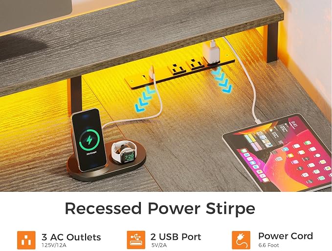 ODK L Shaped Desk with File Drawer, 66" Reversible L Shaped Computer Desk with Power Outlet & LED Strip, Office Desk with Storage Shelves, Gaming Desk with Monitor Shelf, Corner Desk, Grey Oak