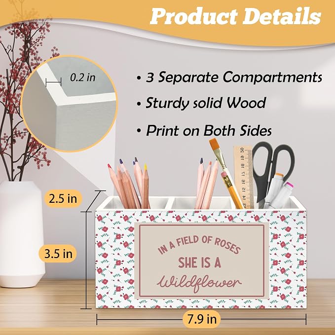Boho Floral Inspirational Pen Holder Organizer for Desk Accessories, Motivational Gifts for Women, in a Field of Roses She Is a Wildflower Wooden Box Sign Desk Decorations for Girls Room Decor
