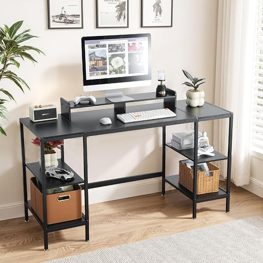 MINOSYS Computer Desk 55-inch with Storage Shelf - Black Ideal Gaming Desk for Bedrooms, Small Spaces, and Home Offices Modern Writing Desk for PCs.