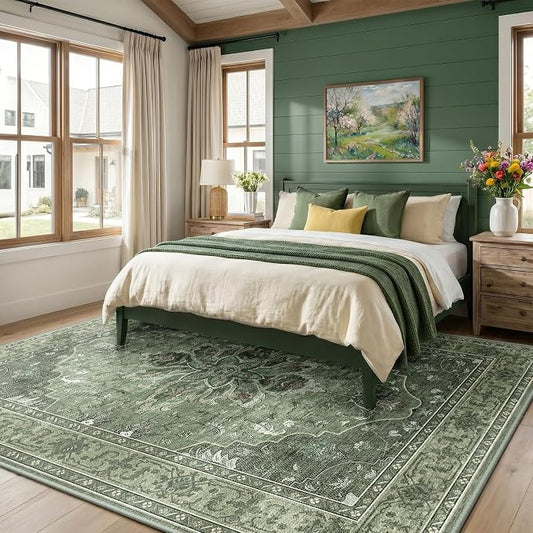 RELEANY Area Rugs 8'x10' Washable Non-Slip, Floral Vintage Distress Medallion Carpet for Living Room Bedroom Dining Room, Dark Green Gray