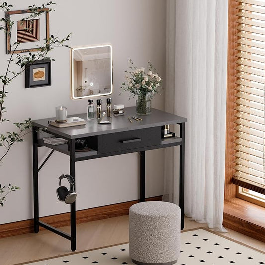 Pamray 32 Inch Small Computer Desk with Drawer and Shelves Simple Study Work Table for Bedroom Grey