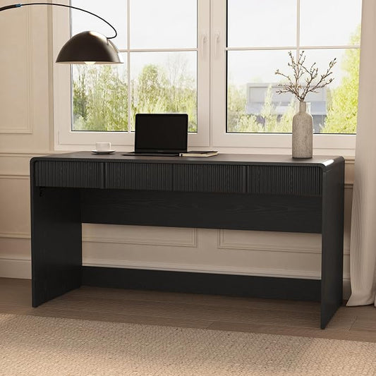 Manhattan Comfort Novara Modern 60" Writing Desk with 2 Smooth-Glide Drawers with Fluted Fronts, Office Desk with Large Work Surface, Stylish Rounded Edges, Black