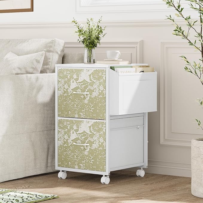 VINGLI 2 Drawer File Cabinet with Side Bag, Rolling File Cabinet Mobile Under Desk File Cabinet with Wheels, Fabric Drawers Printer Stand for Home Office, Fits Letter Size, White Green